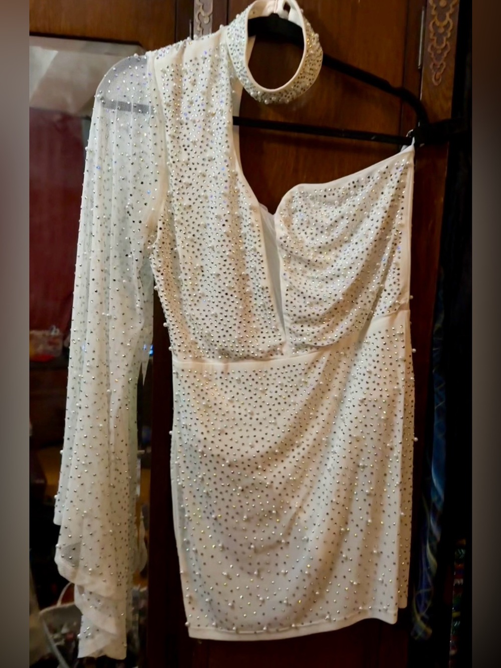 Banjul White Pearl Rhinestone One-Sleeve Angel/Bell Sleeve Dress